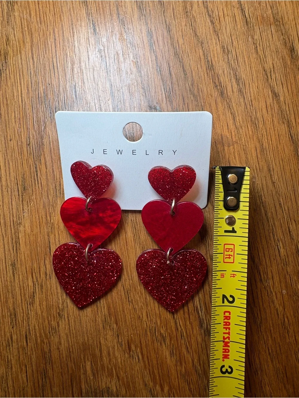 NWOT Red Triple Heart Dangle Earrings Glitter Acrylic‎ Valentine’s Day